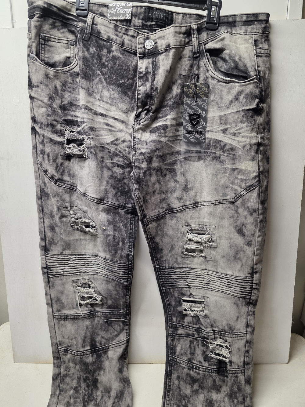 Encrypted Apparel Mens Jeans 44x34 Gray Black Acid Wash Distressed Moto Biker NW